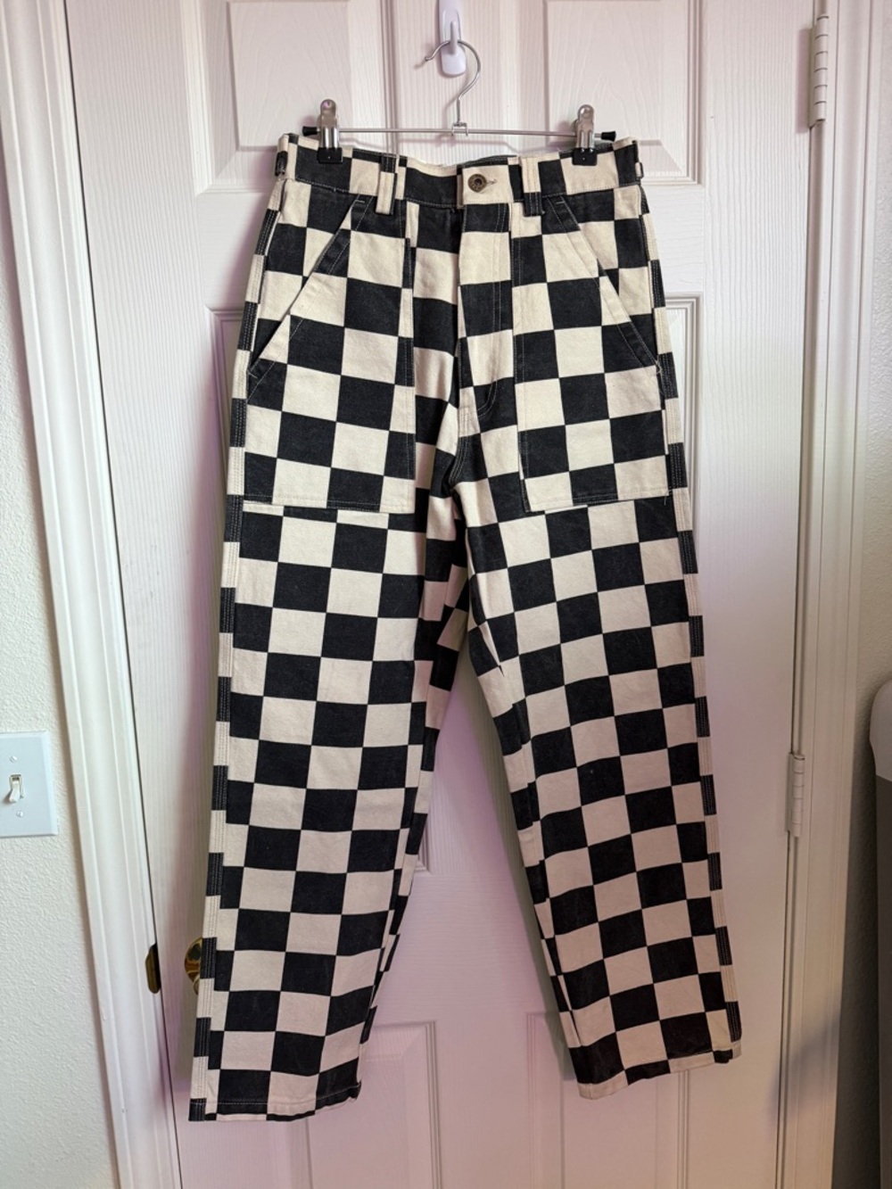 Wide Leg Checkerboard Pants - Black & Cream